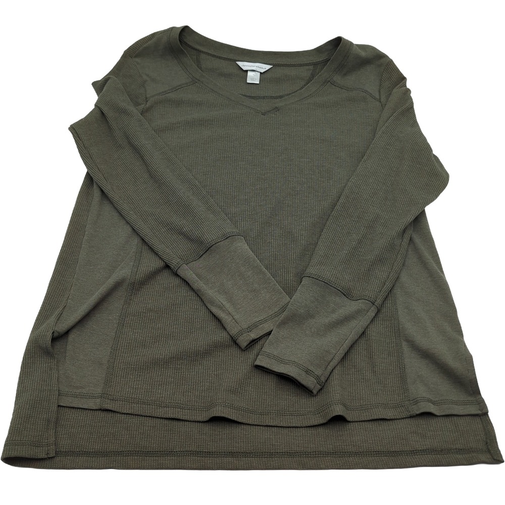 Christopher & Banks Olive Green Thermal Waffle Knit V-Neck Top XL Long Sleeve